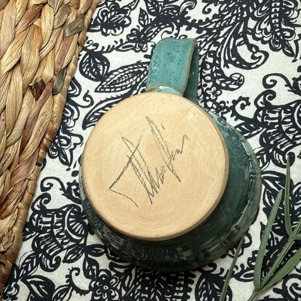NEW Hand Made Coffee Mug Cup Artist Signed Blue Green Cream Stoneware Mug Cup